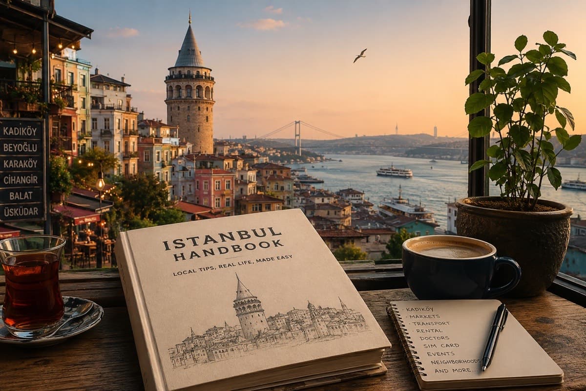 An "Istanbul Handbook" on a café table, with the city behind it