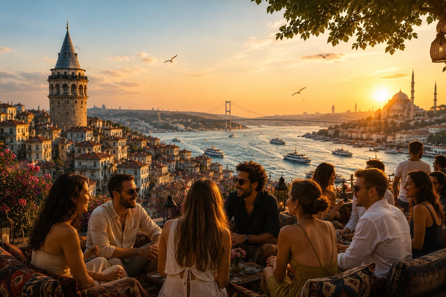 Smileys members gathered on an Istanbul rooftop at sunset, Galata Tower and the Bosphorus in the background