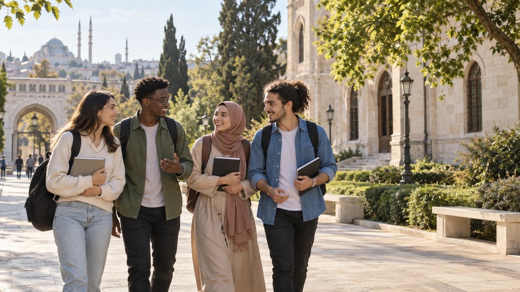 International students walking and talking together in Istanbul