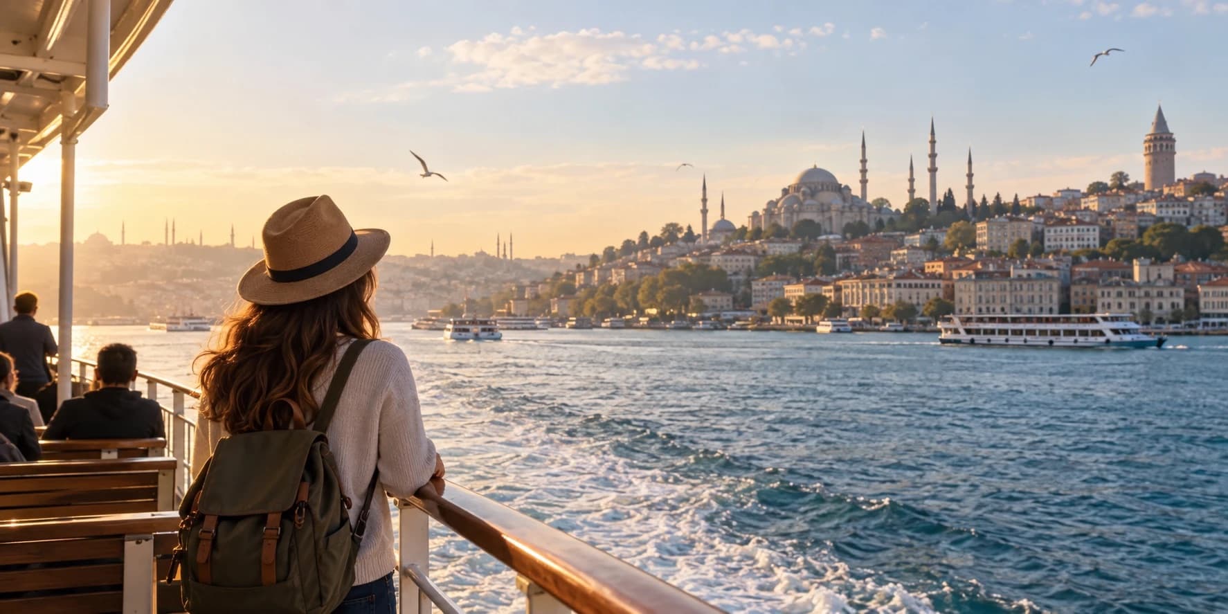 A traveler on a ferry in Istanbul at sunset, looking out across the water at the city