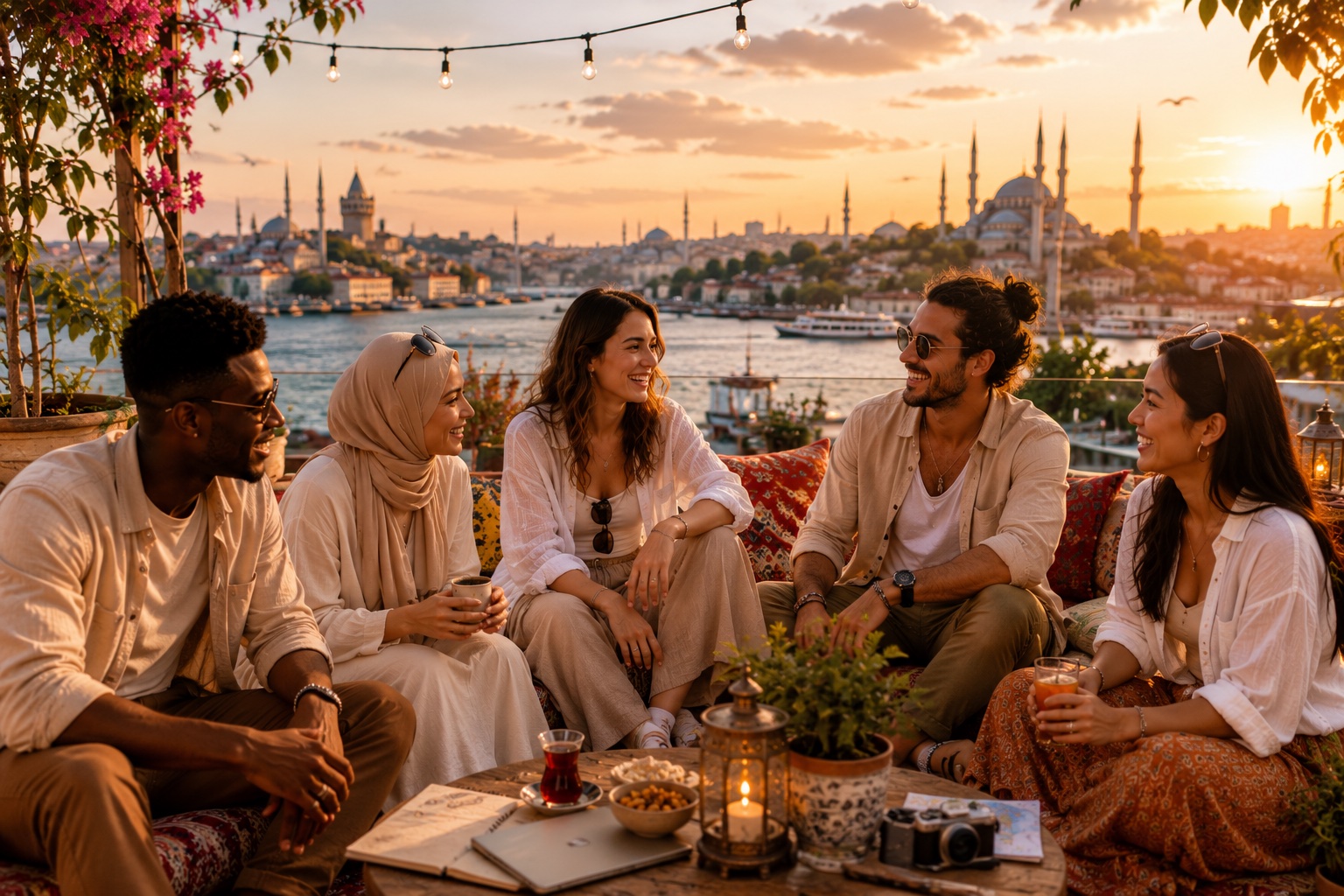 Friends gathered on an Istanbul rooftop at sunset