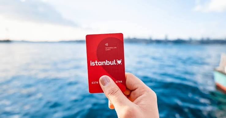 Istanbulkart travel card held up over the Bosphorus